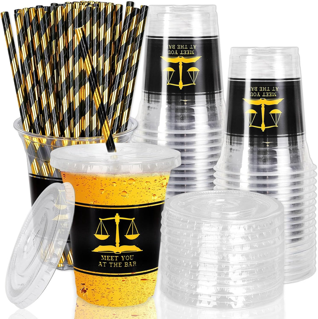 Whaline 50Pcs 12Oz Law School Graduation Cups - Disposable Plastic with Lids & Straws | Congrats Grad Party Supplies
