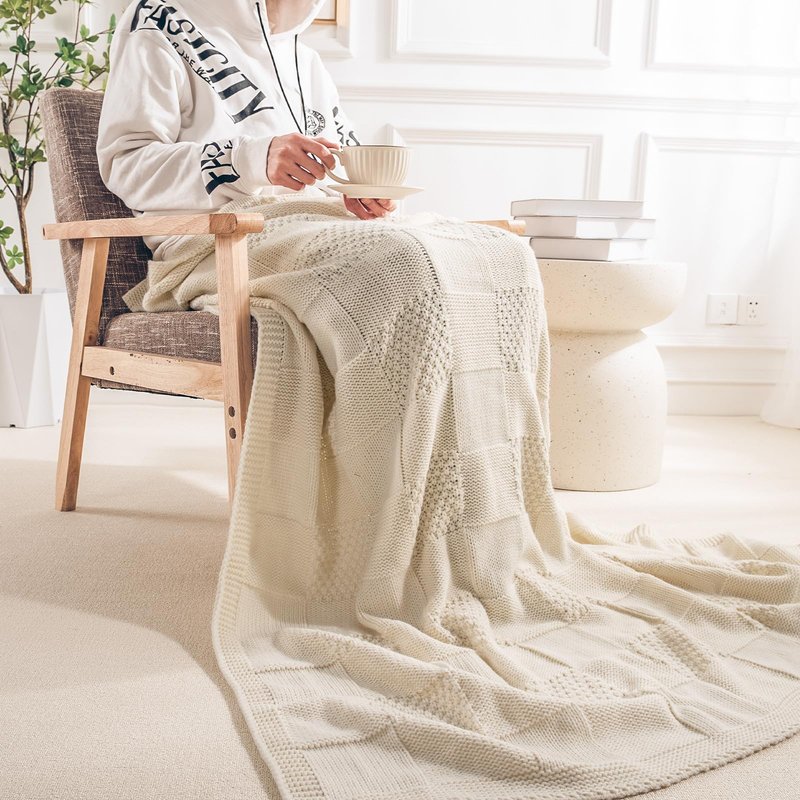 NEXHOME PRO Knit Throw Blanket,Classical Checkered Blanket for Couch,Cozy Warm Knitted Throw Blanket for Bed Sofa Living Room, Decorative Stretched Throw, Lightweigh,50"X 60"Navy Blue