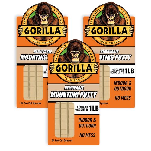 Gorilla Mounting Putty - Non-Toxic Removable Wall Putty in Natural Tan | 84 Pre-Cut Squares (Pack of 3)