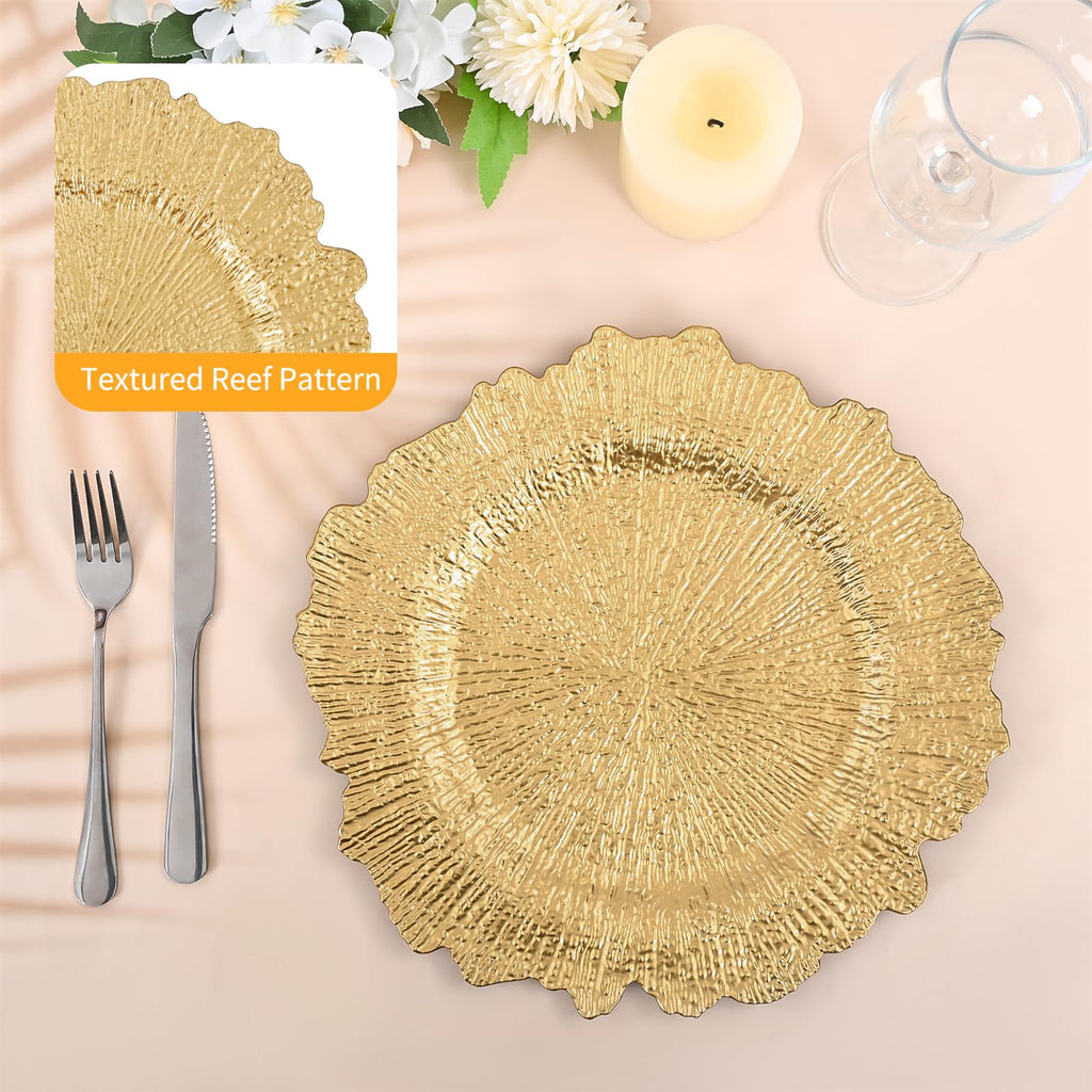 24 Pcs Gold Charger Plates Bulk, 13" Reef Plate Chargers for Dinner, Plastic Floral Decorative Plates for Table Setting, Wedding, Party, Event, Decoration