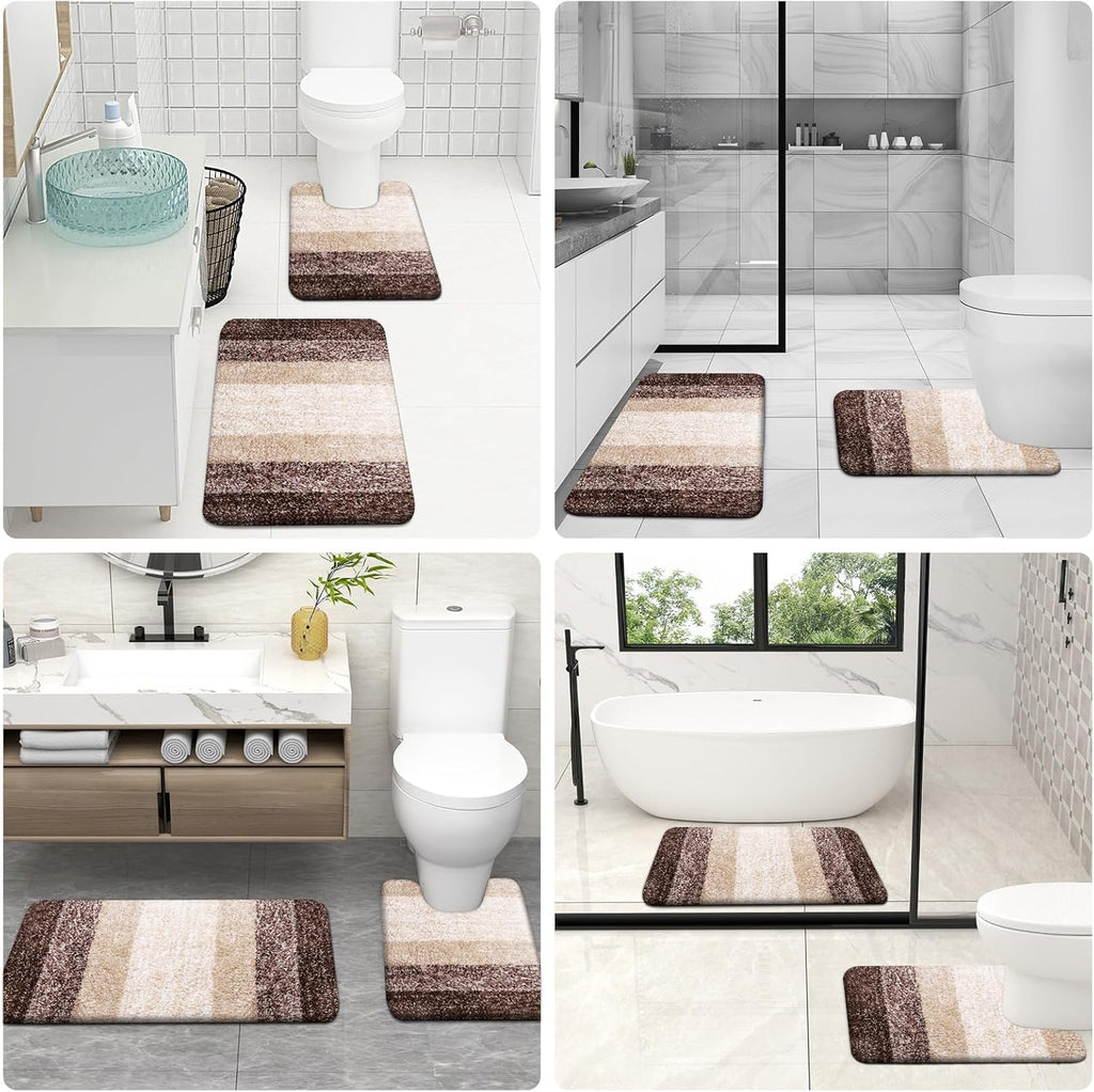 OLANLY Bathroom Rugs Set - Soft Absorbent Microfiber Mats with U-Shaped Contour Rug | 3-Piece Brown Set (30"x20", 24"x16", 24"x20")