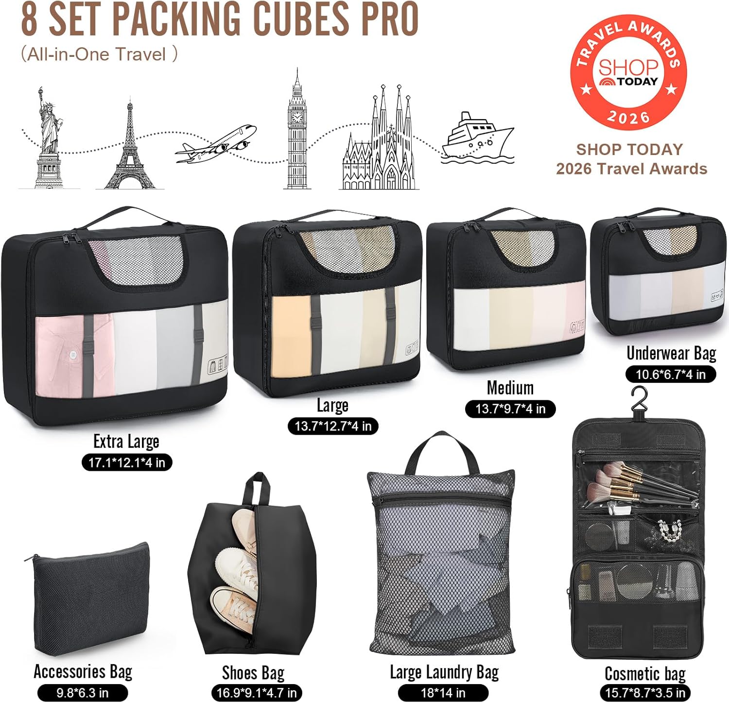 Veken Packing Cubes - 10-Piece Travel Organizer Set with Laundry & Toiletry Bags | Essential Carry-On Accessories