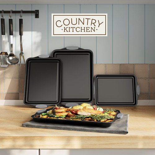 Country Kitchen Nonstick Bakeware Set - Durable & Easy Release, Stackable 4-Piece Set in Grey