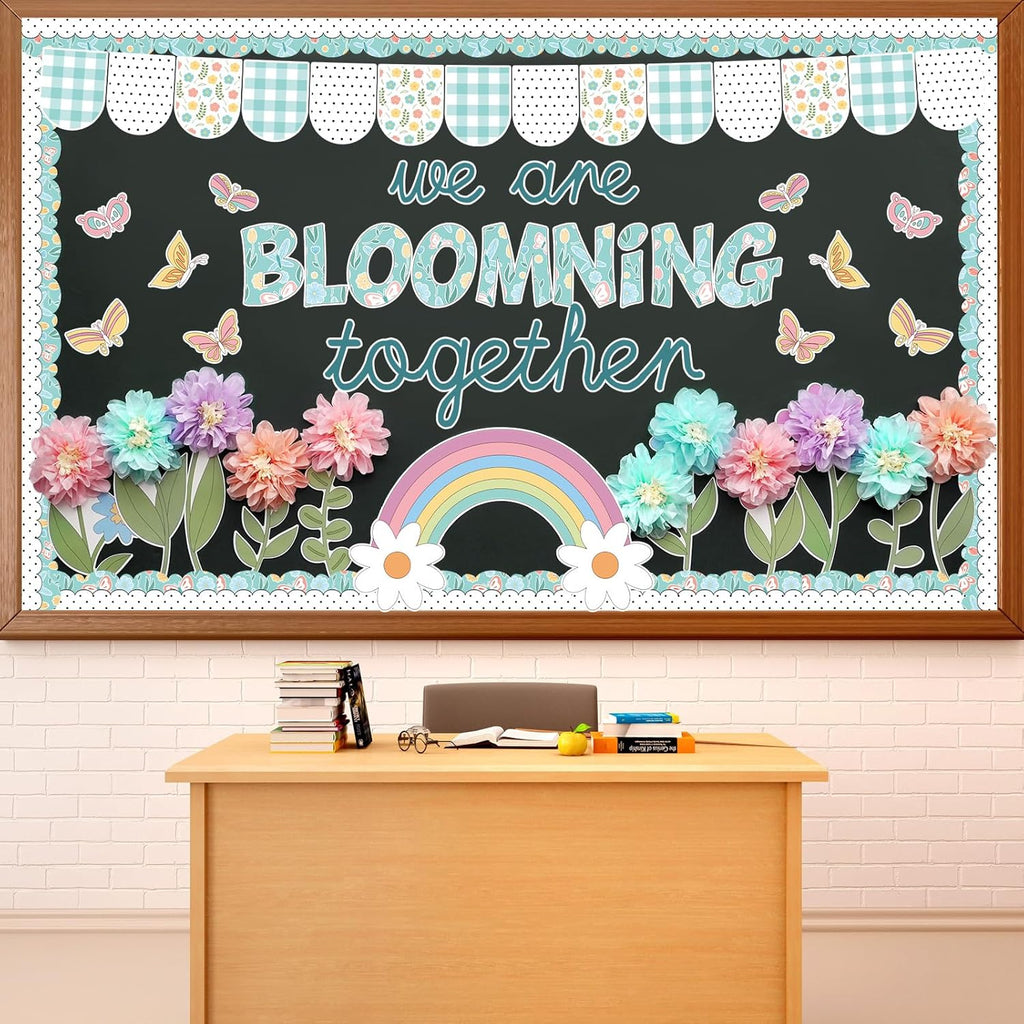 Skiennix Flower Bulletin Board Decorations - 3D Tissue Paper Pompoms & Butterfly Cutouts | Floral Classroom Decor