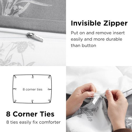 Bedsure Duvet Cover King Size - Reversible Floral Design | 3-Piece Grey Bedding Set with Zipper Closure & 8 Corner Ties