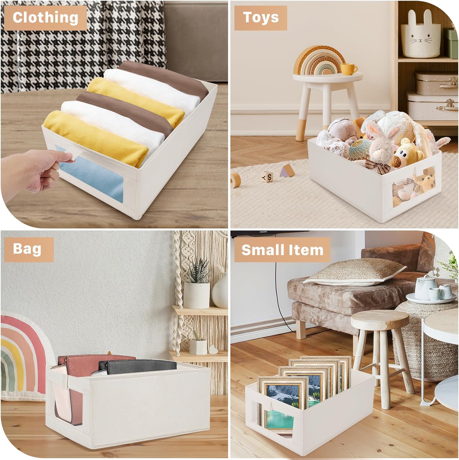 Skiennix 4 Pack Closet Organizer Bins - Foldable Linen Storage Baskets with Window | Beige
