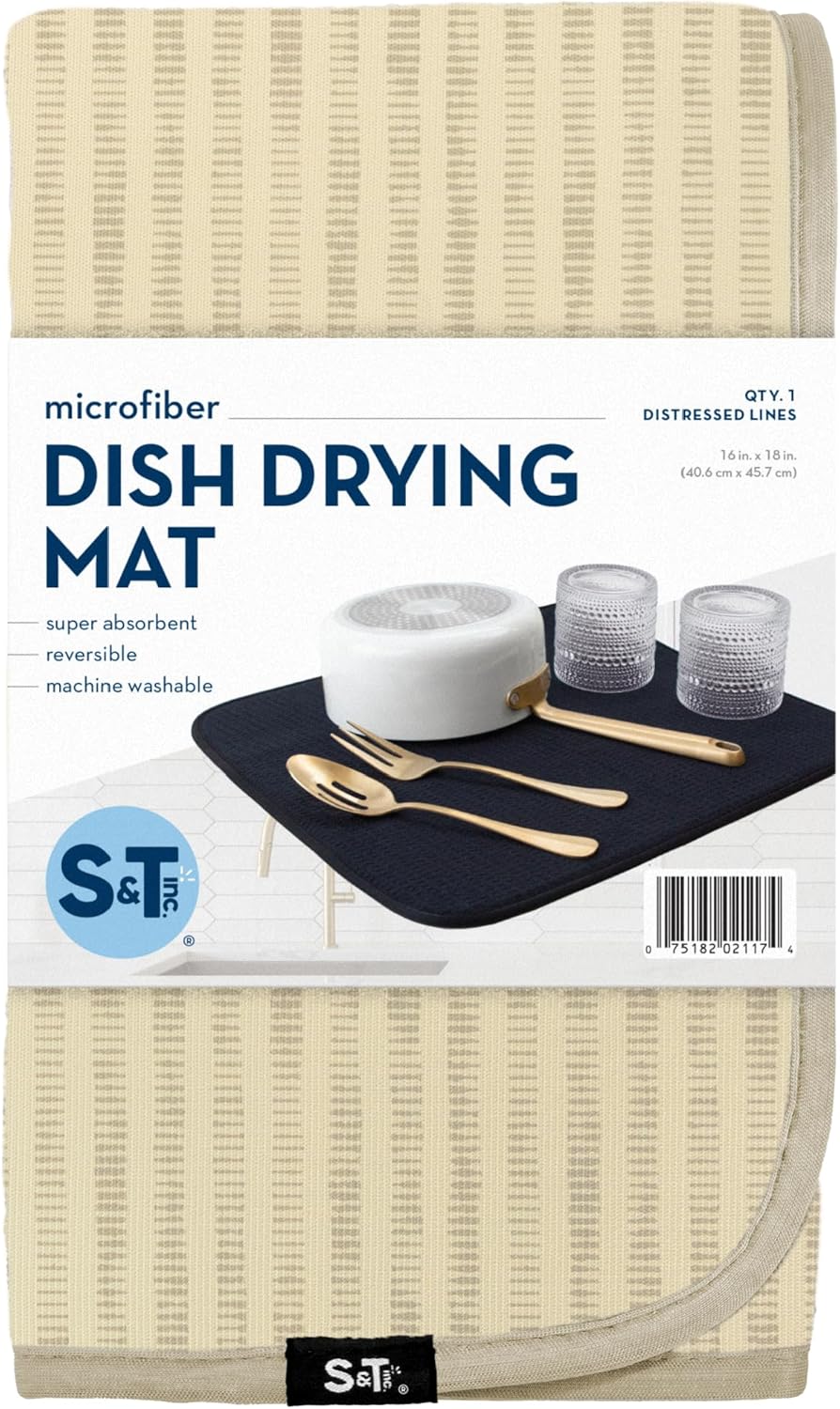 S&T INC. Dish Drying Mat - Absorbent Microfiber Kitchen Counter Pad | 16” x 18”, Cream Distressed Lines