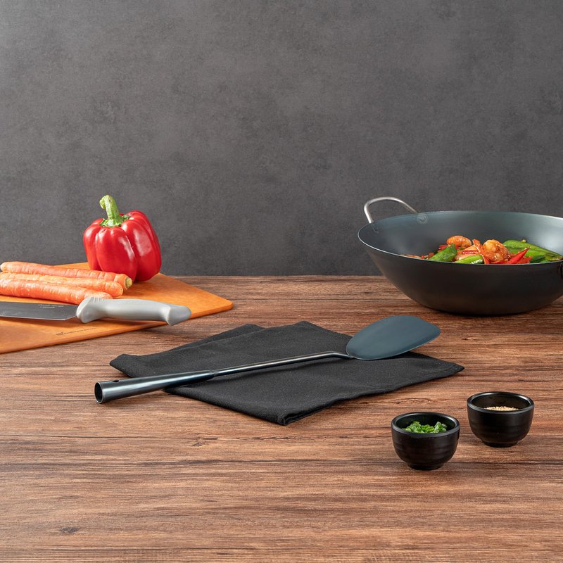 Restaurantware-Motomori 16 Inch Wok Spatulas, 10 Pre-Seasoned Cooking Turners - Hanging Hole, Extra Long Handle, Blue Carbon Steel Chinese Cooking Spatulas, For Stirring, Flipping, Frying, And More