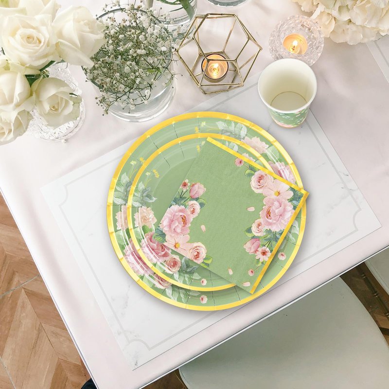Whaline 120 Pcs Sage Green Flower Tea Party Decorations for 24 Guests 24 9" Dinner Plates 24 7" Dessert Plate 24 9oz Cups 48 Luncheon Napkins for Spring Bridal Shower Wedding Party Supplies
