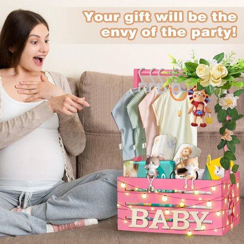 HAFTKD Wooden Baby Shower Crate Closet, Large Baby Toy Storage Basket with Handle, 30"x16"x11" for Newborn Boys Girls Pregnancy New Parents Gifts - Pink