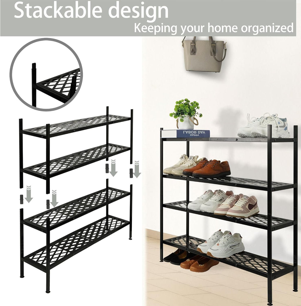 Skiennix Expandable Shoe Rack - 2-Tier Metal Organizer for 12-18 Pairs | Black 45.6 Inches