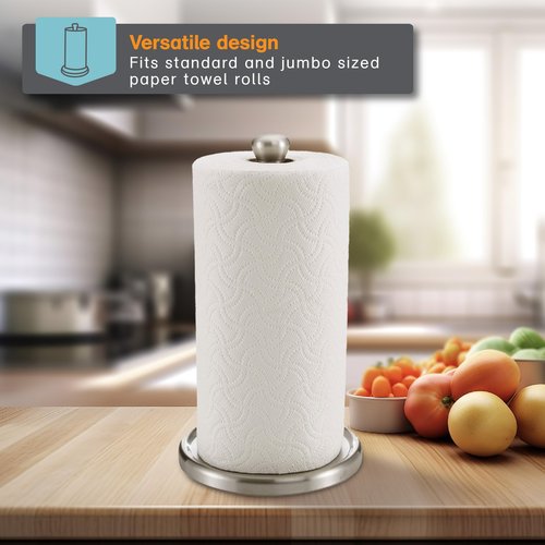 Polder Single-Tear Paper Towel Holder, Kitchen Organization and Storage, Stainless Steel Paper Towel Holder, Fits Standard and Jumbo-Sized Paper Towel Rolls, 12.6" H x 7.1" Dia.