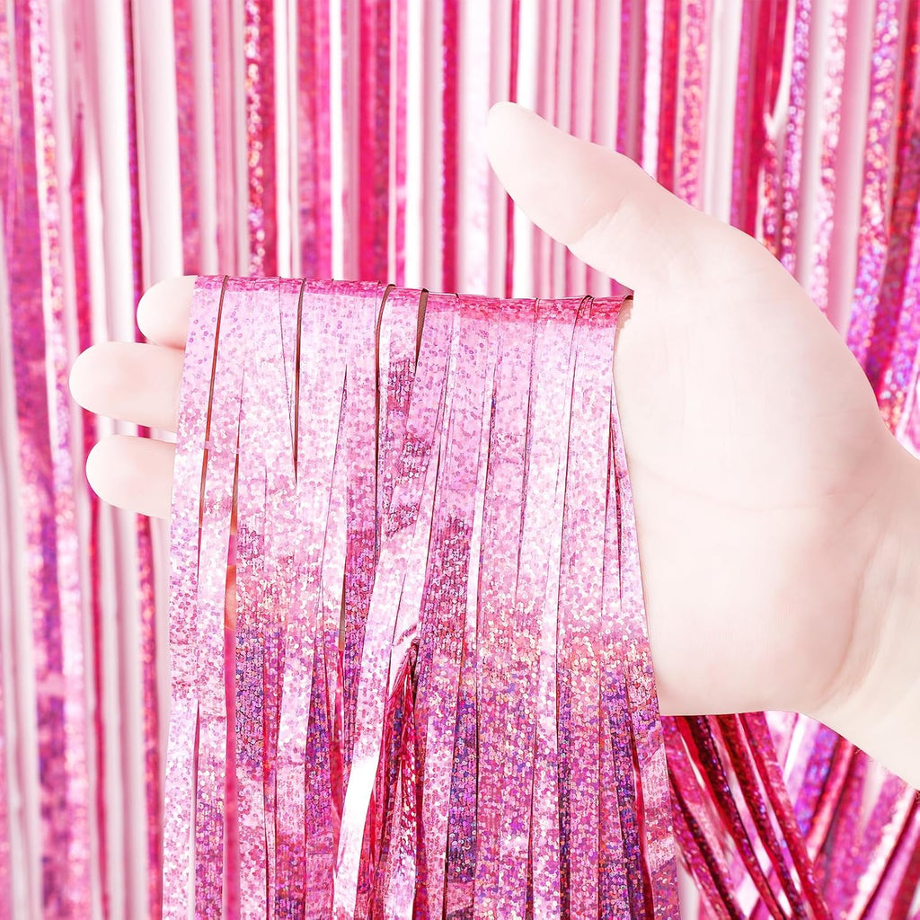 Voircoloria 3 Pack Laser Pink Foil Fringe Backdrop Curtains - Perfect for Birthday, Graduation & Baby Showers