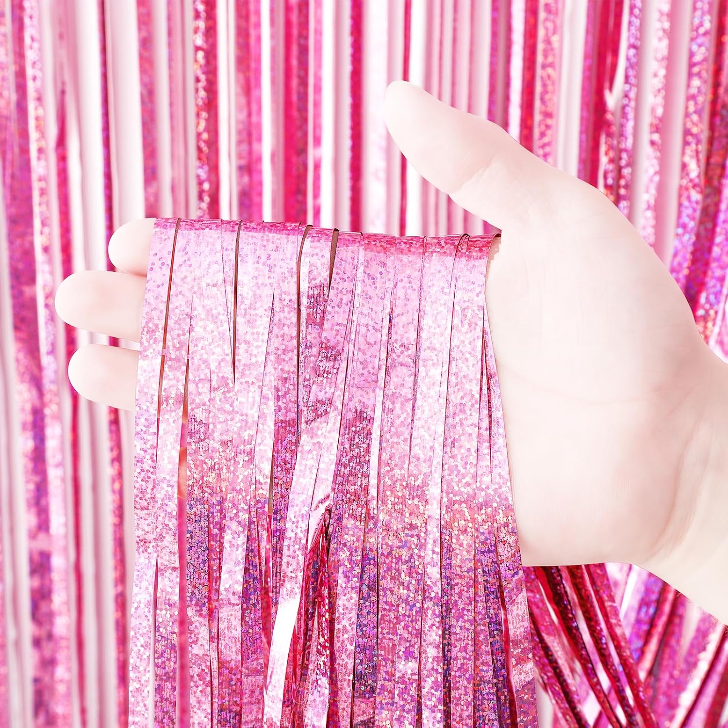 Voircoloria 3 Pack Laser Pink Foil Fringe Backdrop Curtains - Perfect for Birthday, Graduation & Baby Showers