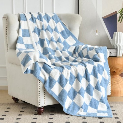 Checkered Knitted Throw Blanket - Cozy Soft Fluffy Plaid Design | Lightweight 50"x60" for Couch & Travel