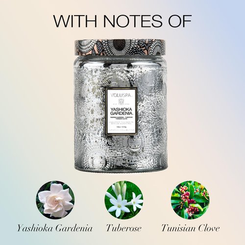 Voluspa Yashioka Gardenia Candle | Large Glass Jar | 18 Oz | 100 Hour Burn Time |Coconut Wax for Clean Burning