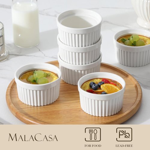 MALACASA Ramekins - 8 oz Oven Safe Porcelain Baking Cups Set of 6 | White Creme Brulee & Souffle Dishes