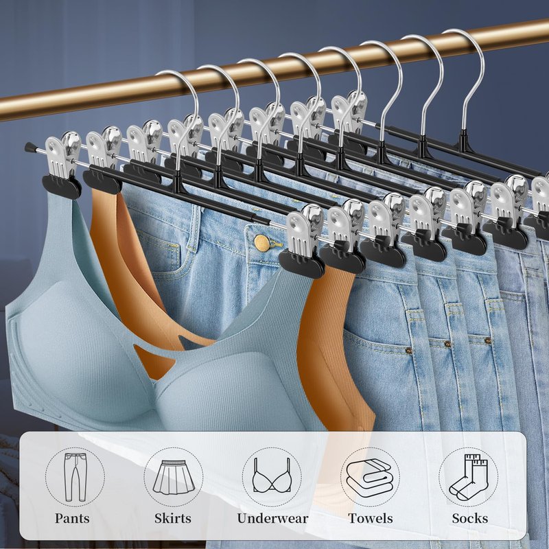 HWAJAN Clothes Pants Hangers with Wide Clips 50 Pack,Non-Slip Adjustable Skirt Hanger for Women,Space-Saving Heavy Duty Men Hangers for Pants,Trousers,Jeans,Shorts 12Inch Black