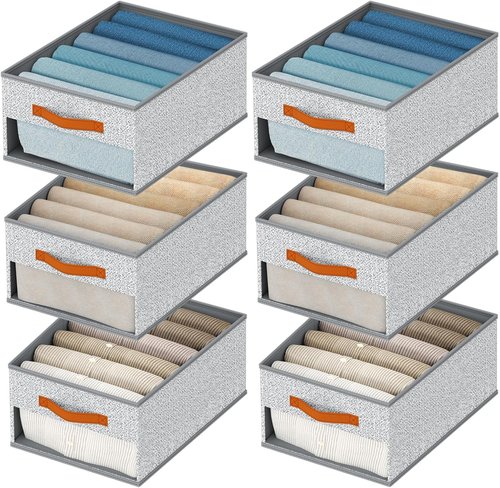 Homsorout Drawer Organizers - 6-Pack Foldable Pants Storage with Clear Window & Handles | Light Gray Fabric Closet Solution for Clothes, Jeans, and Sweaters