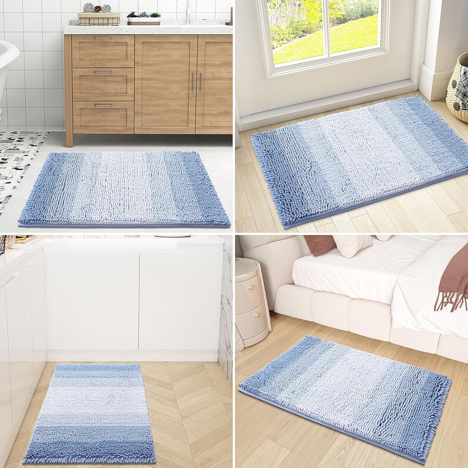 OLANLY Bathroom Rug - Extra Soft Chenille Shaggy Mat | Non-Slip & Machine Washable (24 x 16 Inch, Blue)