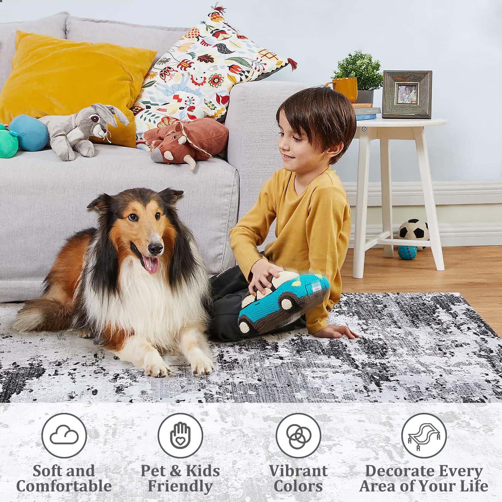 ROYHOME 8x10 Modern Abstract Rug Faux Wool Accent Ultra Soft Machine Washable Rug Non Slip Non Shedding for Bedroom Dining Room Office Home, Grey