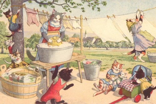 ART.COM Wall Art Prints Cats on Laundry Day, Animals Decor, 36" x 24"