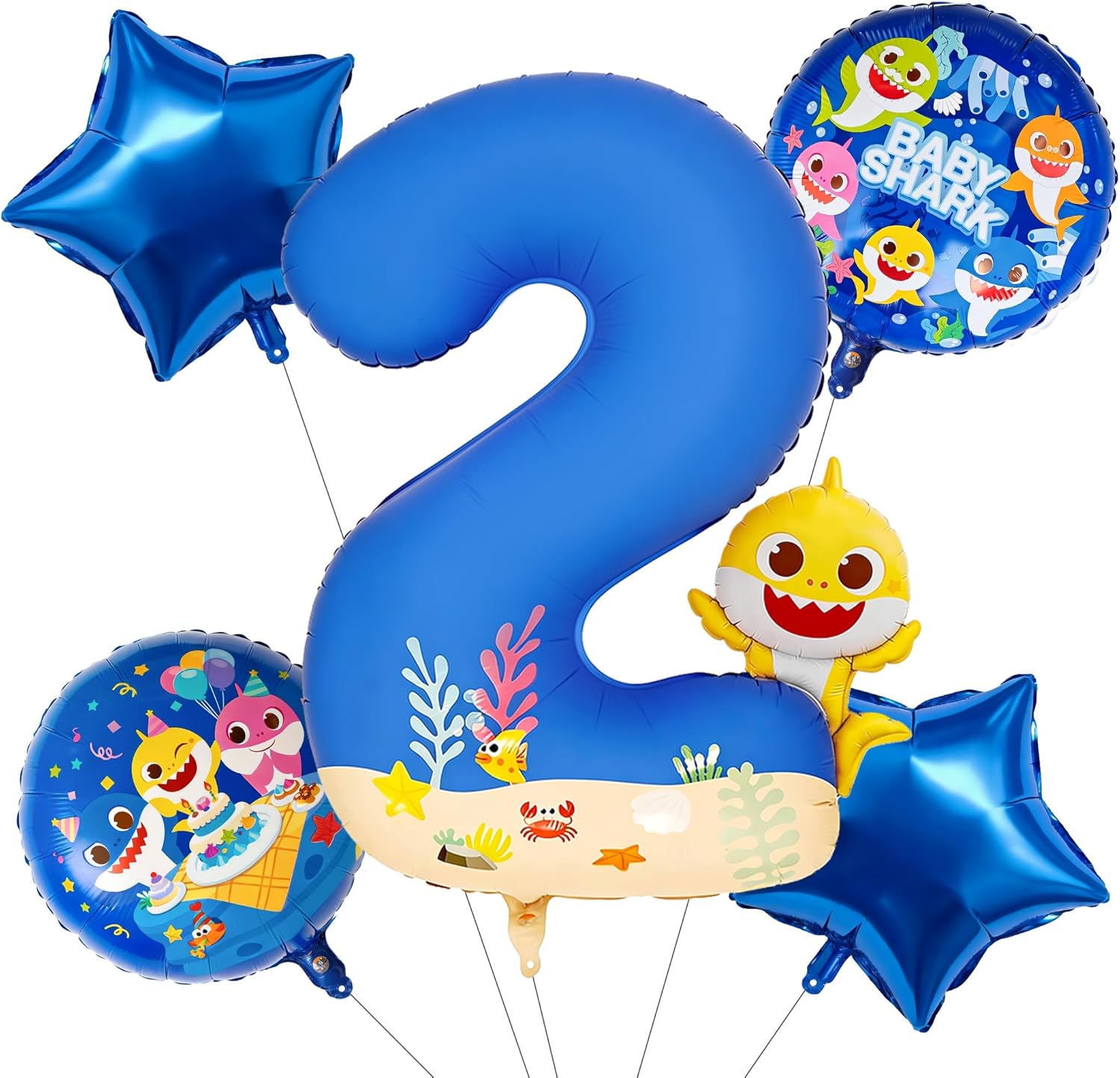 PartyWoo Baby Shark Blue Foil Number 2 Balloon - 5pcs 18-Inch Round Mylar Helium Decorations for Kids' Birthdays
