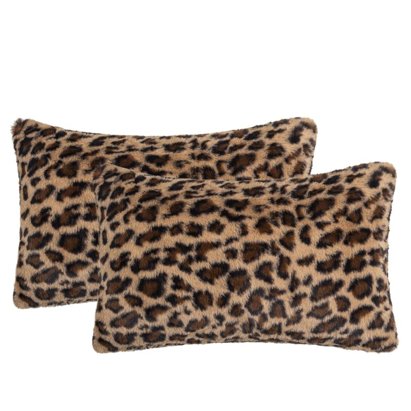 AGOKABA Leopard Print Faux Fur Throw Pillow Covers, 12x20 Inch, Set of 2, Soft Plush Animal Print Decorative Lumbar Cushion Cases for Sofa Bed Chair | Safari-Inspired Decor in Warm Terracotta Brown