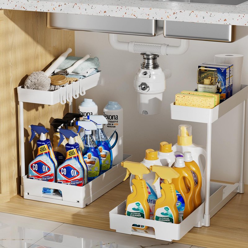 Delamu 2 Pack Under Sink Organizers and Storage, 2 Tier Pull Out Bathroom Cabinet Organizer, L-Shape White Under Bathroom Kitchen Sink Organizer with Drawer for Under Sink Storage Organizer