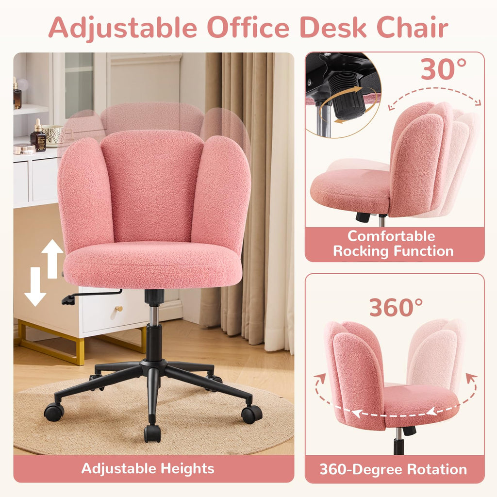 Furniliving Fluffy Armless Desk Chair, Upholstered Vanity Chair with Back, Comfortable Boucle Task Chair for Bedroom, Dressing Room, Home Office, Pink