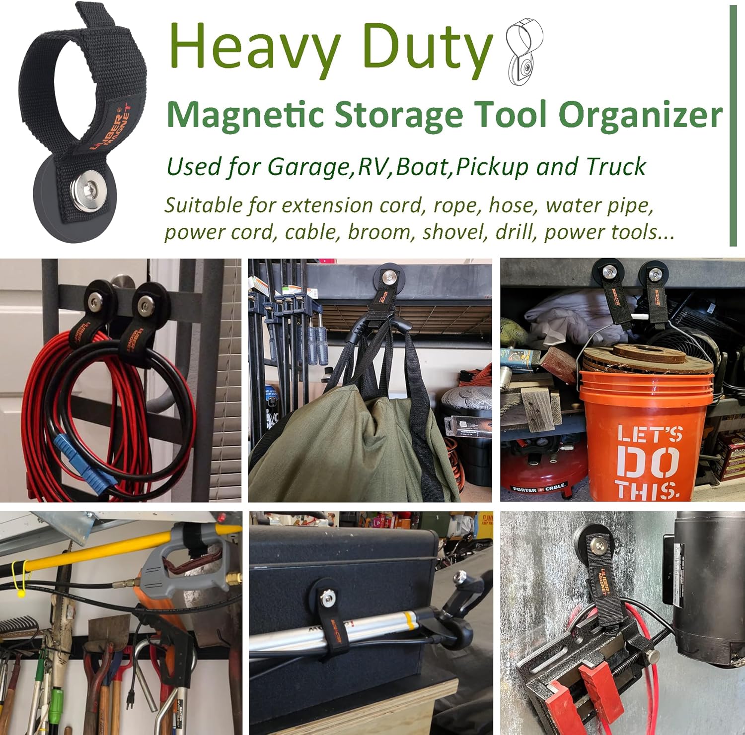 ULIBERMAGNET Strong Magnetic Storage Straps - Heavy Duty Organizer for Garage Tools & Cords | 2 Pack