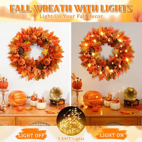 2 Pack Fall Wreaths for Front Door, 20 Inch Autumn Wreath with Pumpkins Maple Leaves for Harvest Home Outdoor Thanksgiving Wall Decor