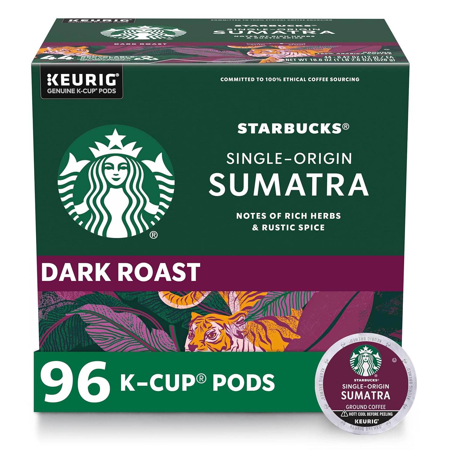 Starbucks K-Cup Coffee Pods - Dark Roast Sumatra, 100% Arabica, 96 Pods (4 Boxes)