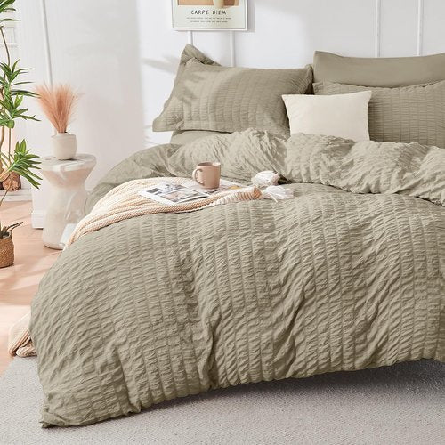 HYMOKEGE Queen Comforter Set - 7-Piece Luxury Linen Bedding Set with Seersucker Design | All-Season Comfort