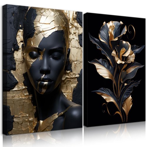 2 Pieces Black Gold African American Women Wall Art African American Wall Decor Gorgeous Woman Portrait Gold Flowers Painting Picture Prints for Bedroom Living Room Hallway Ready to Hang 16x24 Inch