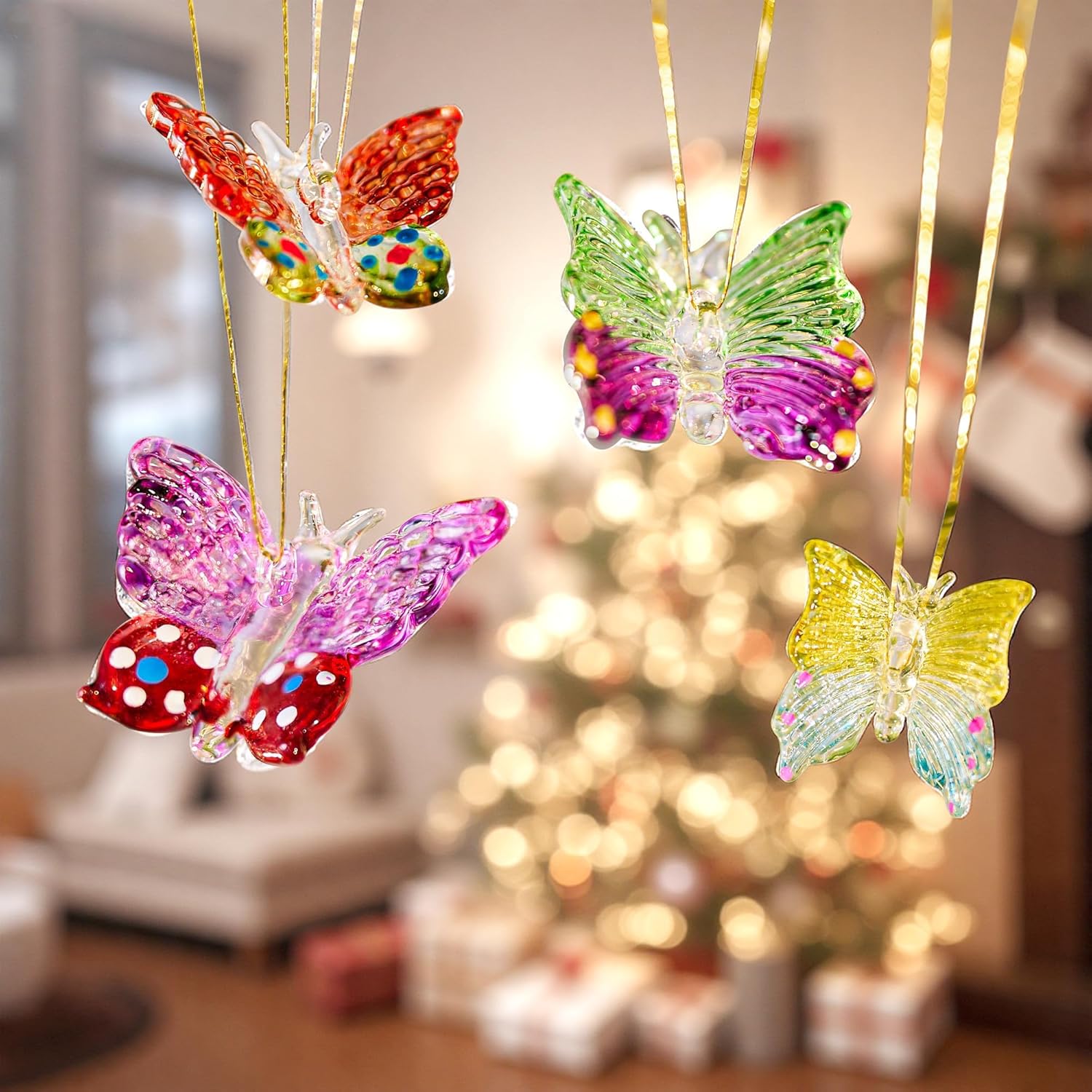 Skiennix Glass Butterfly Ornaments - 4pcs Hanging Crystal Decor for Home Windows | 1.7 Inch