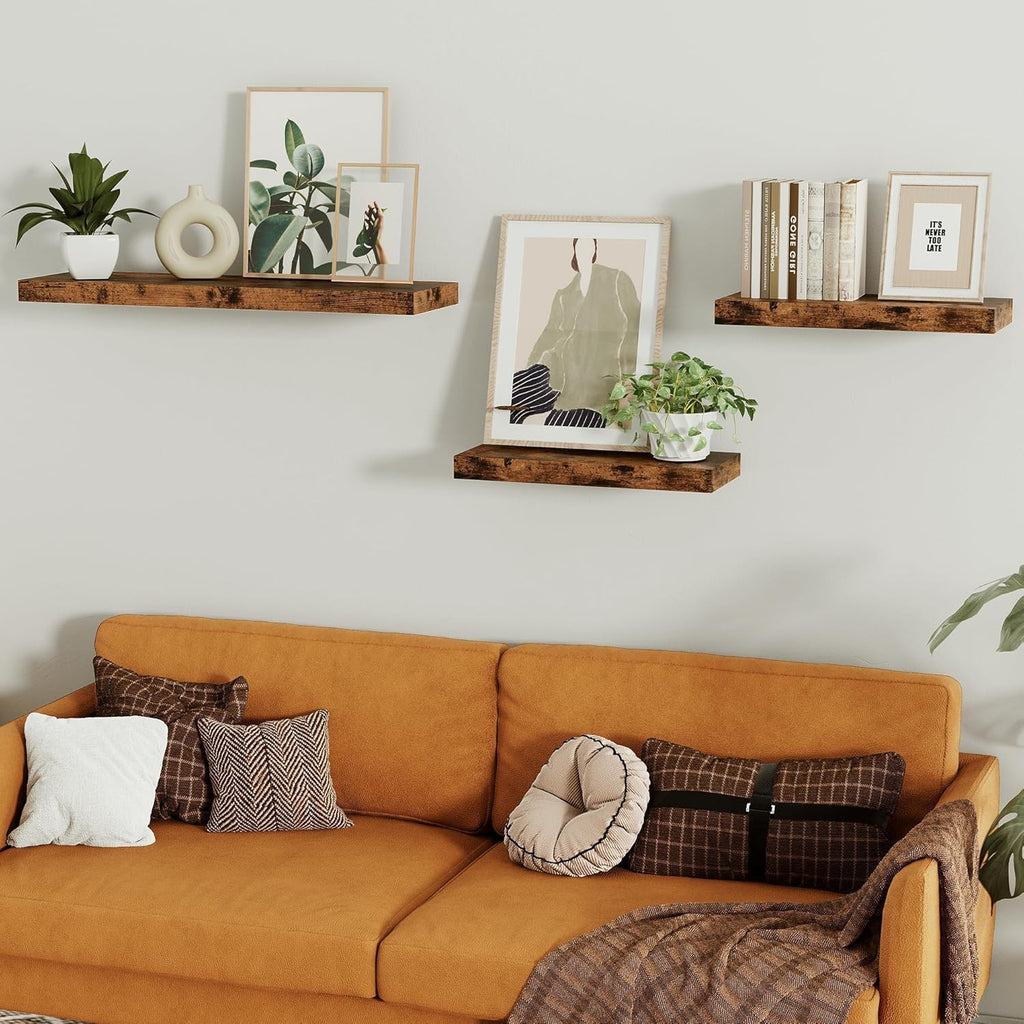 Vivelove Floating Wall Shelves - 16-Inch Rustic Brown Display Shelves with Invisible Brackets | Set of 2 for Home Decor