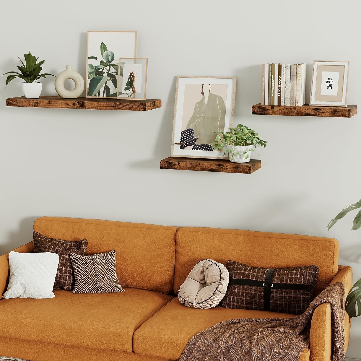 Vivelove Floating Wall Shelves - 16-Inch Rustic Brown Display Shelves with Invisible Brackets | Set of 2 for Home Decor