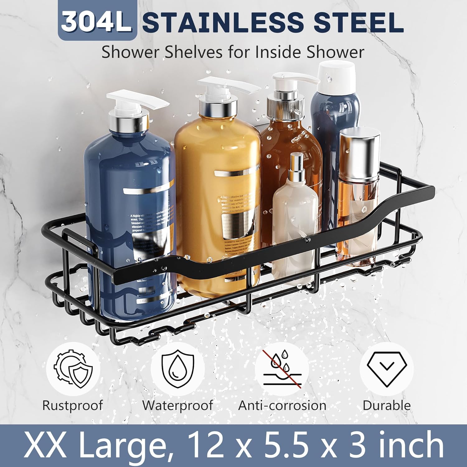 OMAIRA Shower Caddy - 3-Pack Adhesive Rustproof Organizer with Soap Holder for Smooth Walls | Black (X-Large)