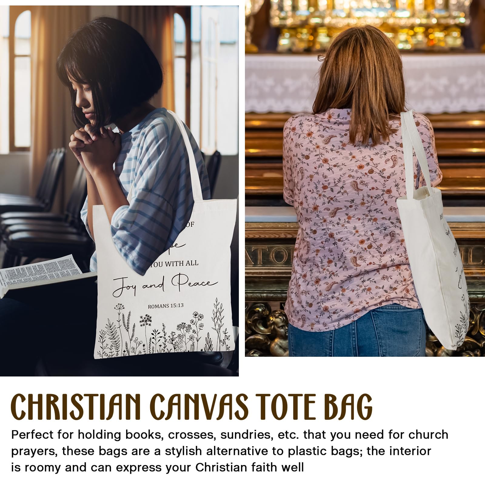Aliceset 12 Pcs Bible Tote Bags Bulk for Women Christian Religious Bible Verse Canvas Reusable Church Floral Jesus Bags for Church Gifts, 15 x 16 Inches