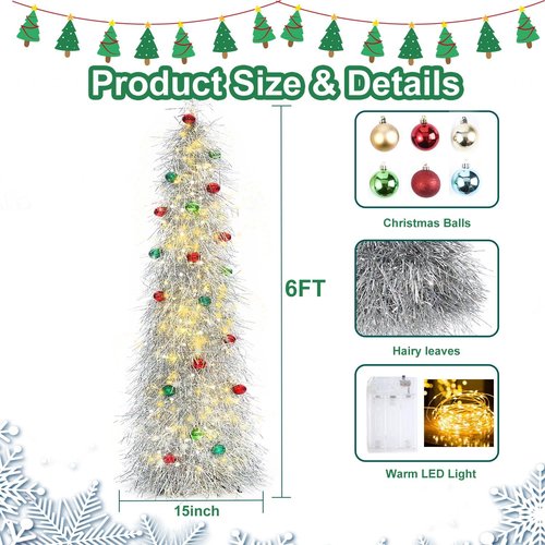 BrilliantJo 6ft Artificial Christmas Tree - Lighted with Ornaments & Collapsible Stand | Silver Tinsel Decor