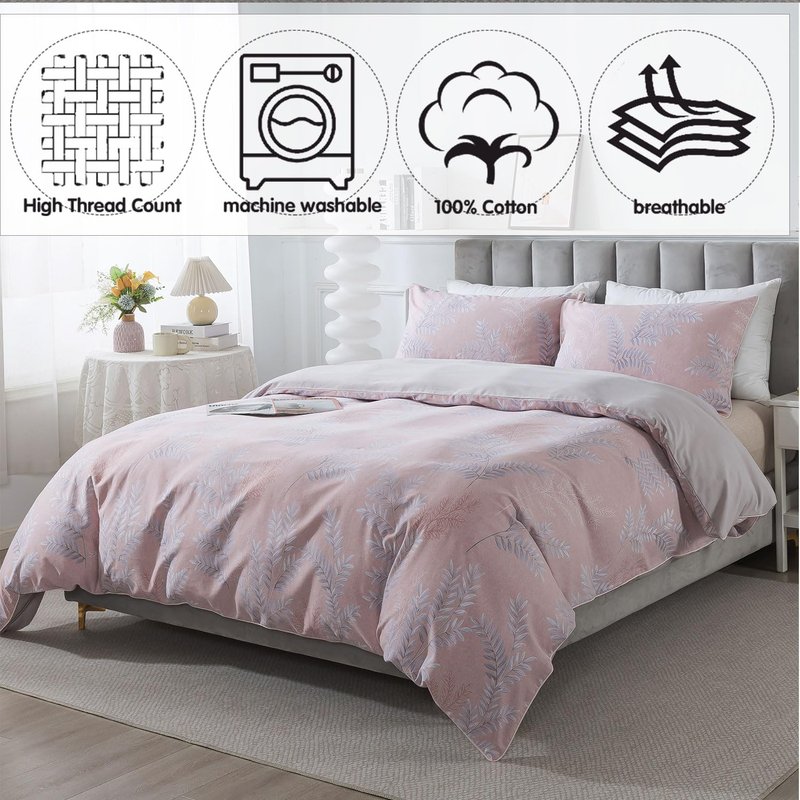 FADFAY Duvet Cover Sets Queen 100% Brushed Cotton Vintage Foliage Patterned Pink Comforter Cover Country Bedding for All Season Soft Reversible Bed Cover with Zipper 3Pcs