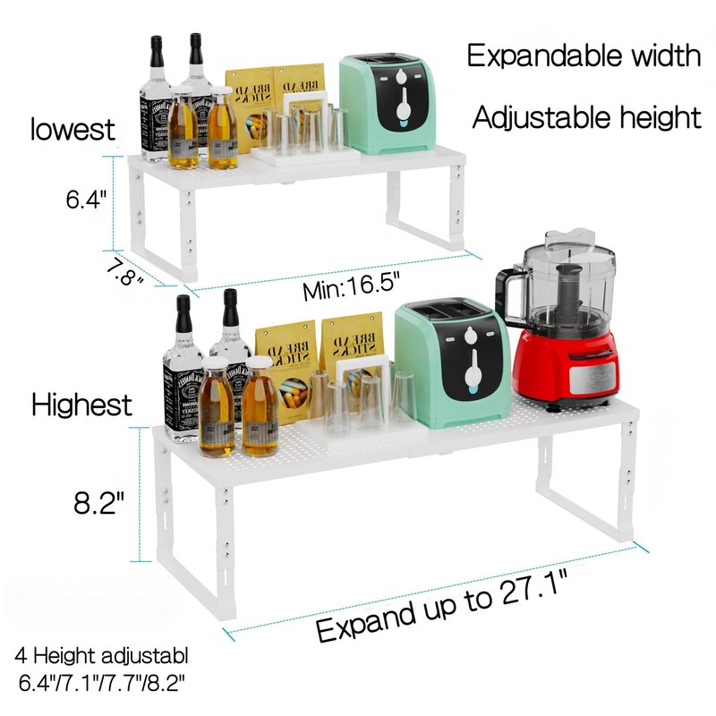 Zilvando Heavy-Duty Adjustable Metal Shelf Organizer - Expandable & Stackable Pantry Storage Rack for Kitchen, Bathroom, RV, Cabinets(2 Packs/White, Medium)