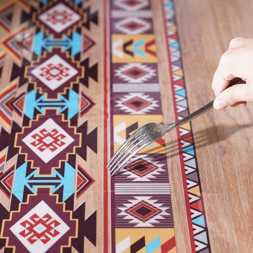 Artbloss Boho Vinyl Rectangle Table Cloth Clear Table Cover Protector with Bohemian Pattern Oil Spill Proof Wipe Clean Plastic Table Covers for Dining Tables (Boho Red, 55 x 120 Inches)