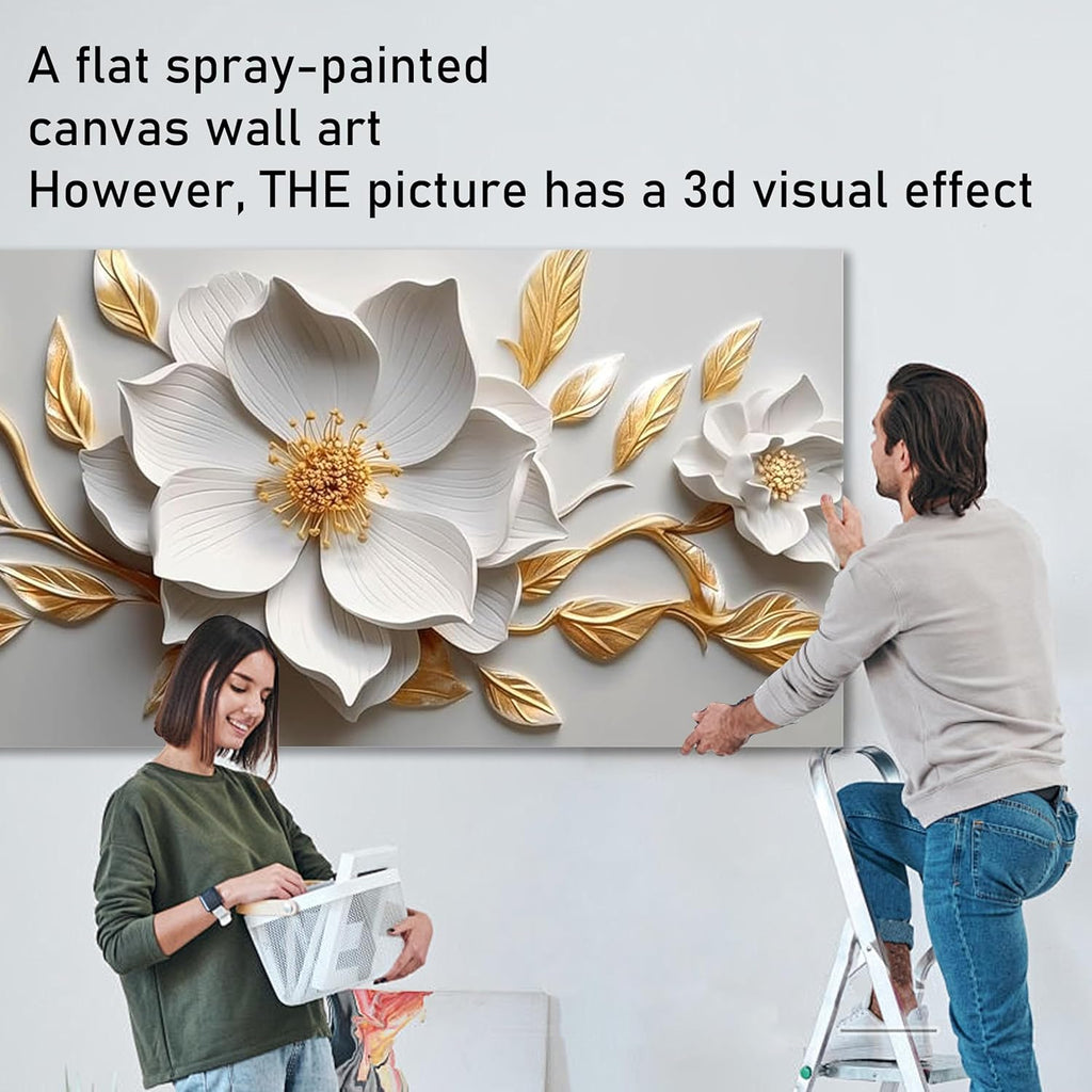 Skiennix Canvas Wall Art - Large White and Gold Floral Artwork for Living Room & Office | 20x40 In