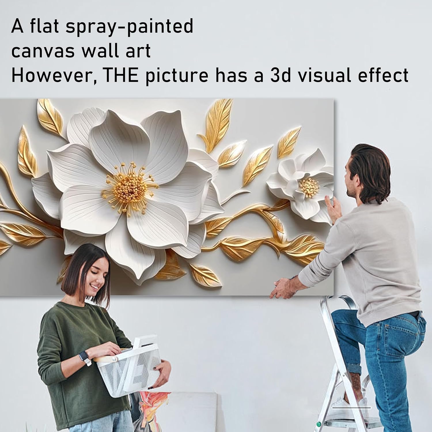 Skiennix Canvas Wall Art - Large White and Gold Floral Artwork for Living Room & Office | 20x40 In