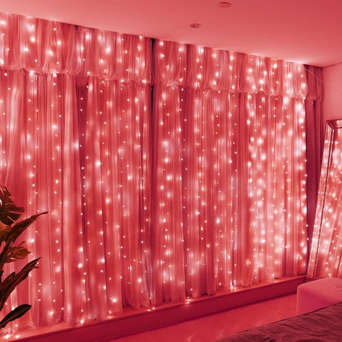 HXWEIYE 300LED Fairy Curtain Lights - 9.8x9.8Ft USB Plug-In with Remote | 8 Modes for Wedding & Bedroom Decor, Red