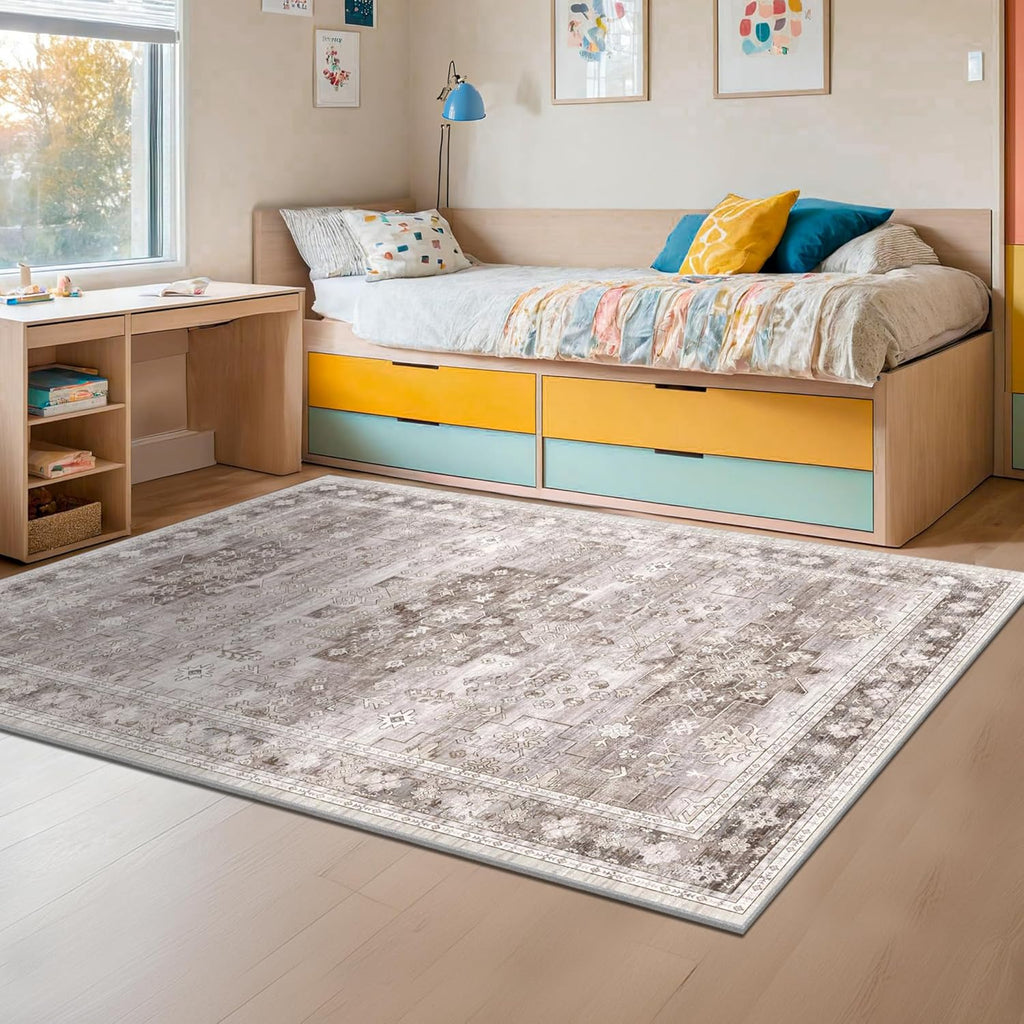 Regine Switzerland Washable Farmhouse Living Room Rug - 6x9 Non-Slip Vintage Floral Carpet in Beige/Latte
