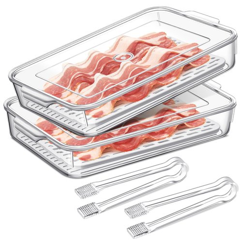 FillTouch 2 Pcs Bacon Storage Container for Refrigerator with Tong, Bacon Deli Meat Storage Container with Perforated Tray for Freshness, Clear Plastic Meat Saver for Fridge Food