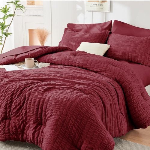 HYMOKEGE Burgundy King Size Comforter Set - 7-Piece All-Season Luxury Bedding Set with Sheets & Pillowcases